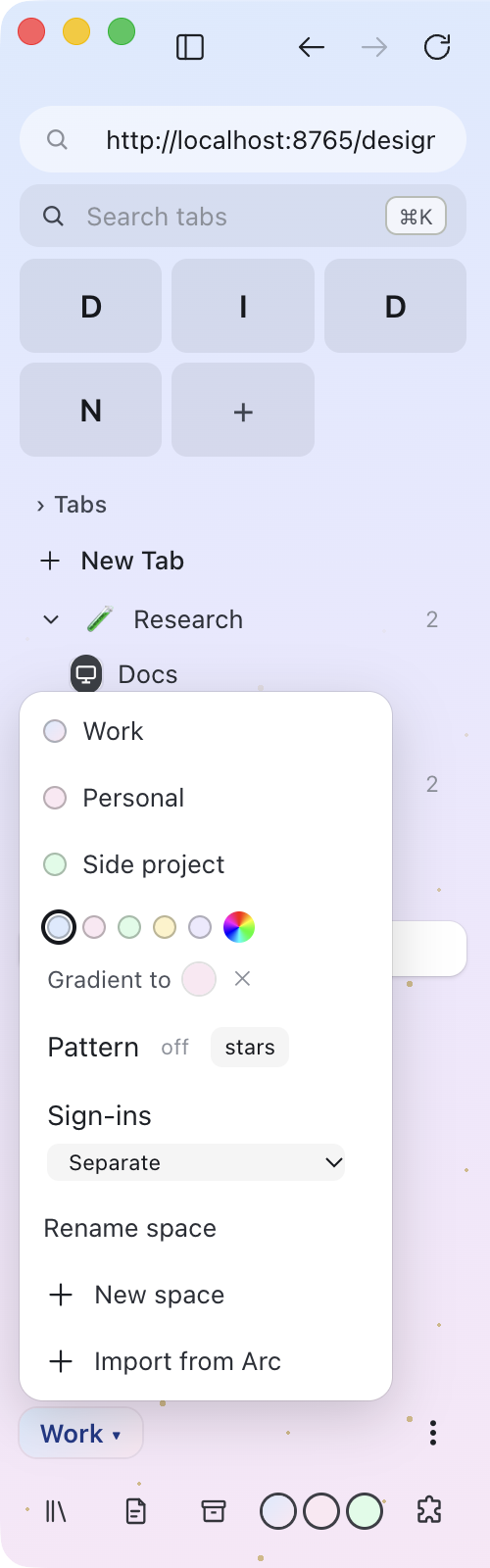 Halo's space menu: Work, Personal and Side project, colour and gradient pickers, a pattern choice, a Sign-ins setting, rename, new space and Import from Arc.