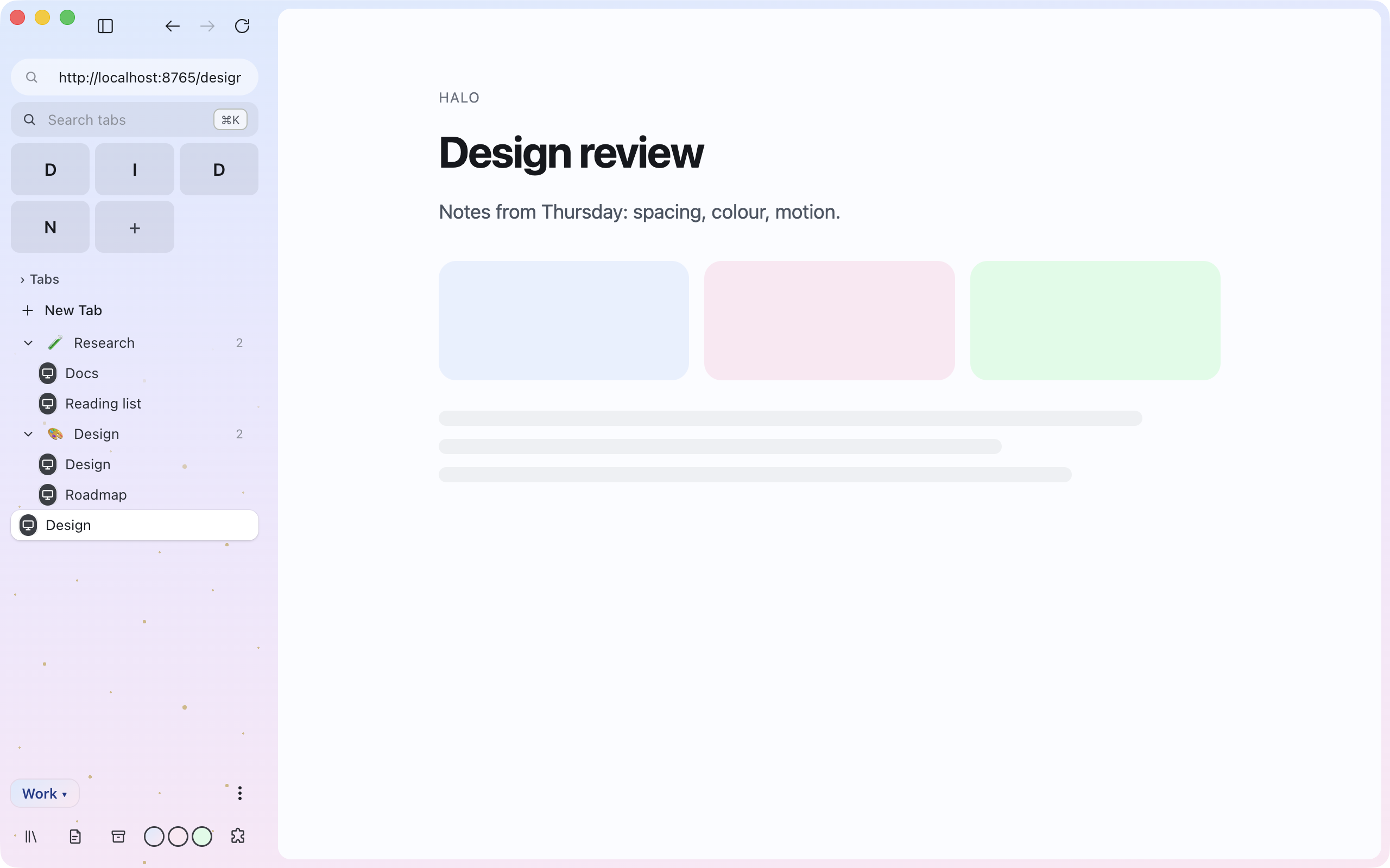 The Halo window in the Work space: a sidebar with favorites, the Research and Design folders with their tabs, a space switcher and colour dots at the bottom, and a web page in a card on the right.